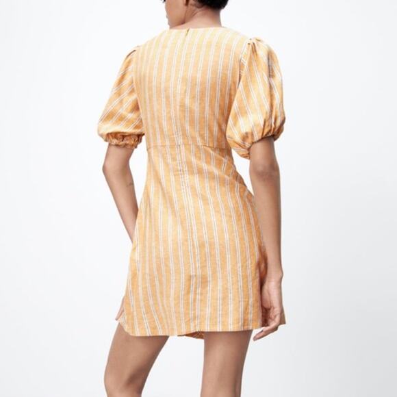 ZARA Linen Blend Striped Yellow/White Mini Cut Out Tie Waist Dress Women Sz L - Picture 4 of 15